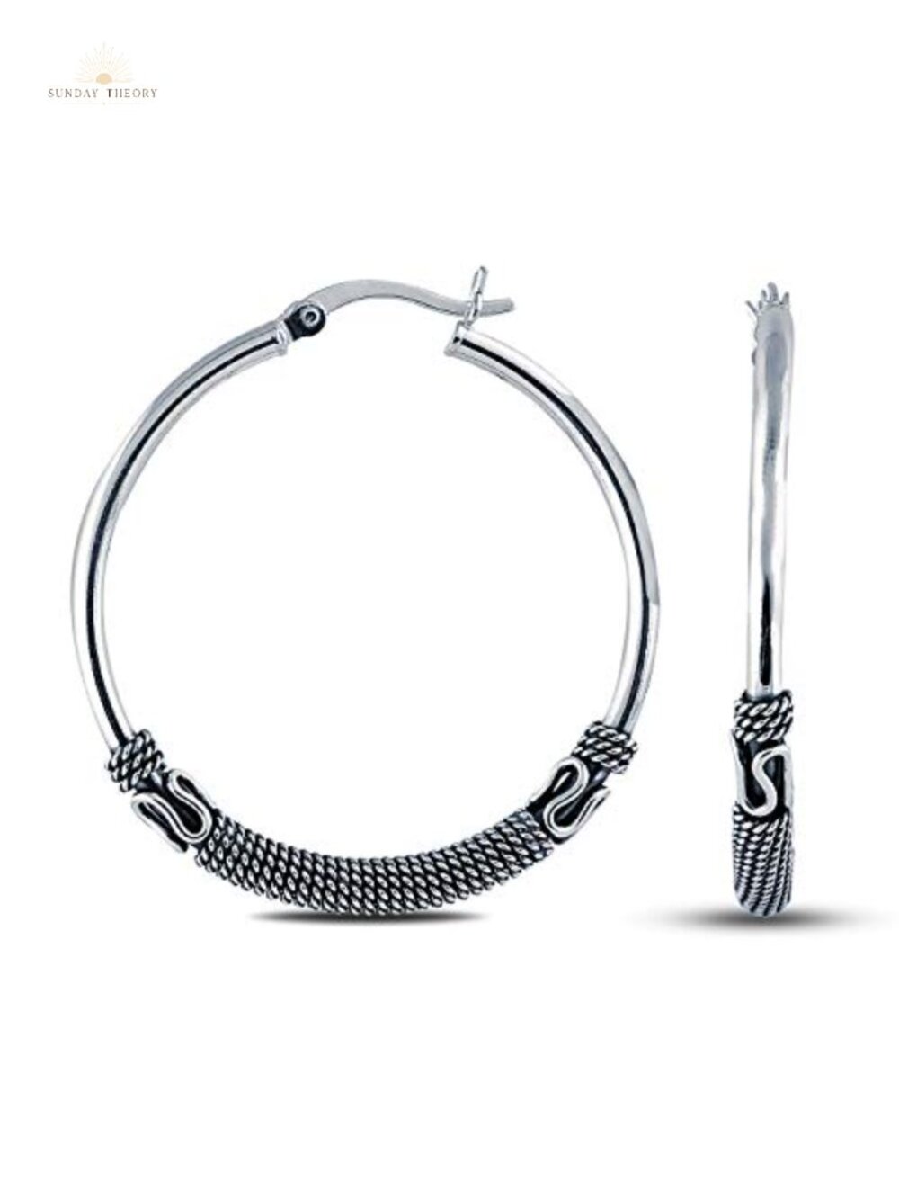 925 Sterling Silver Oxidized Balinese Hoop Earrings Click Top Lightweight